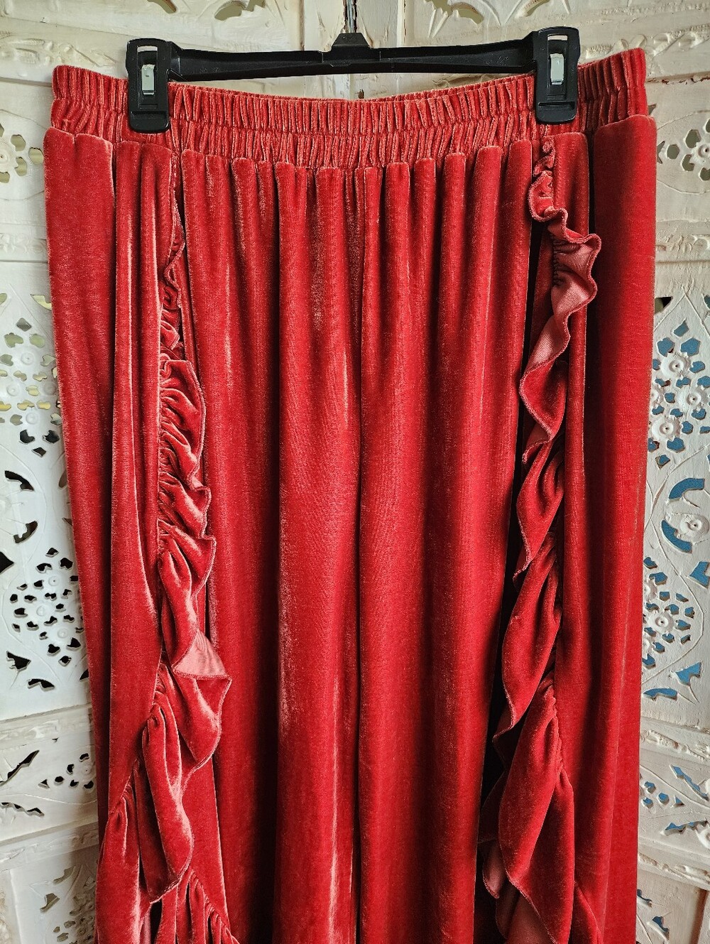 RusttyDustty XL Burnt Orange Velvet Flare & Slit Ruffle Leg Pants - Picture 3 of 11